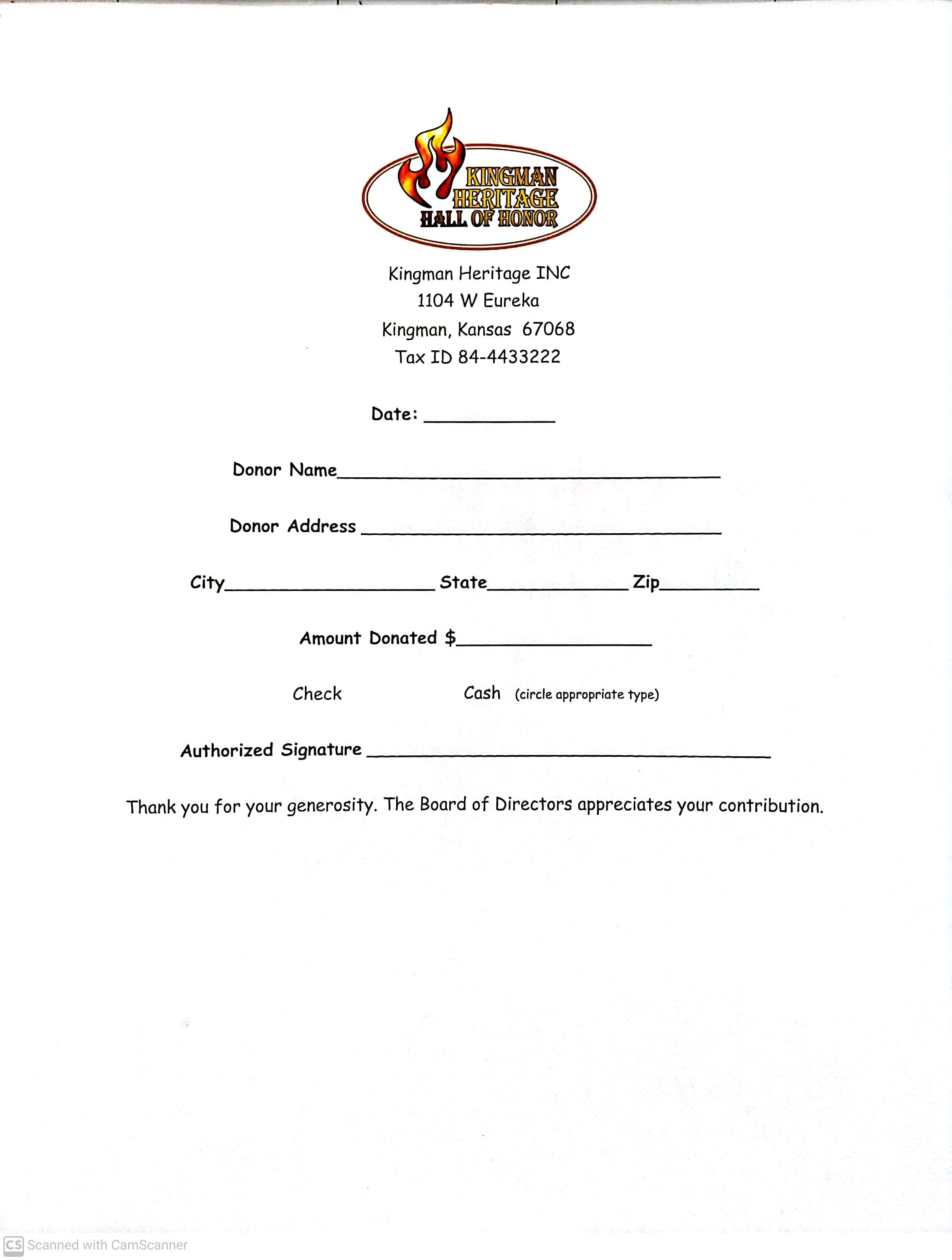 A Donation Form for the Kingman Heritage Hall